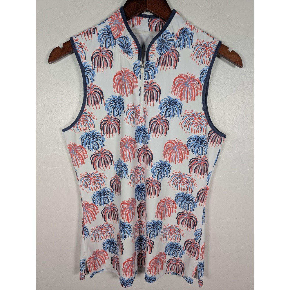 Smith & Quinn Sleeveless Golf Polo Womens Small White Red Blue Fireworks Zip Top